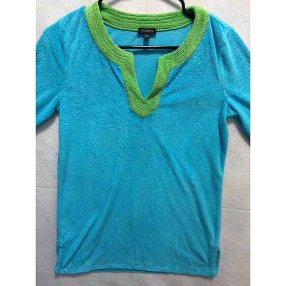 Talbots Womens XS Blue & Green Terrycloth V-Neck Long Sleeve Top - Picture 2 of 11